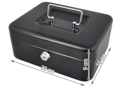Fekete pénztároló doboz, kulccsal zárható
