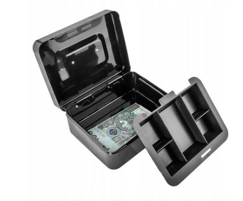 Fekete pénztároló doboz, kulccsal zárható