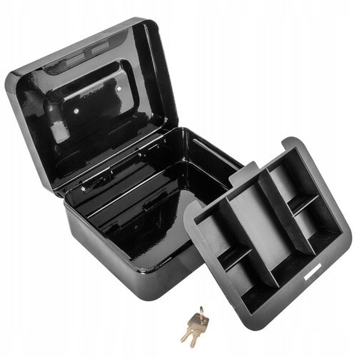 Fekete pénztároló doboz, kulccsal zárható