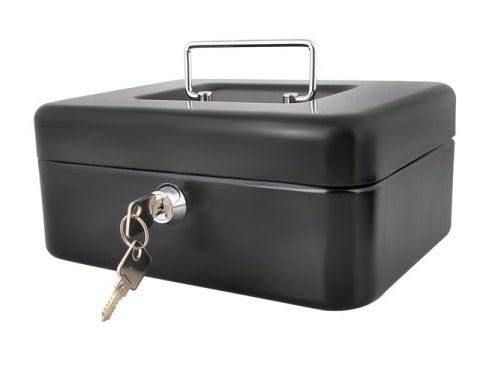Fekete pénztároló doboz, kulccsal zárható