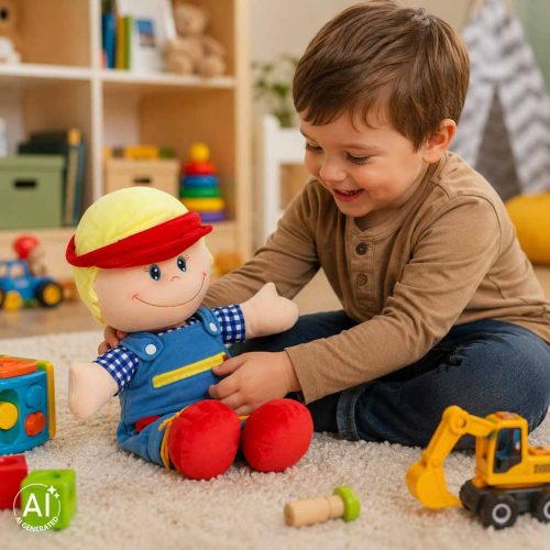 Fiú rongybaba plüssfigura, oktató játék öltözködés tanulásához, 3+
