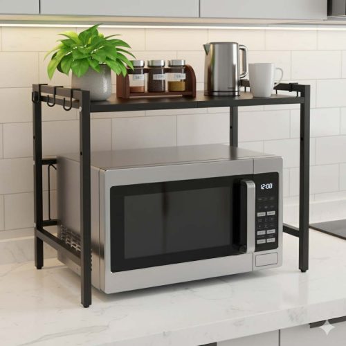 Konyhai polc a mikrohullámú sütő felett állítható fém szervező 6 fogasok