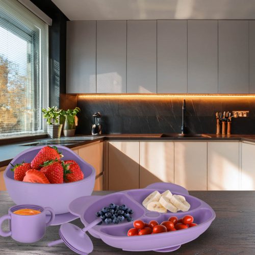 Gyermek szilikon evőeszközök 8 darabos készlet lila