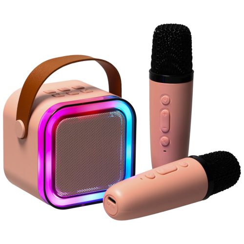 Karaoke szett 2 mikrofon + hordozható hangszóró BLUETOOTH USB LED rózsaszín