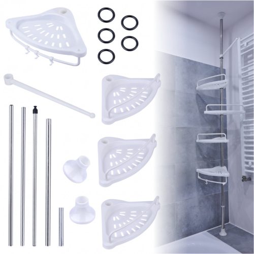 Fürdőszobai sarokpolc a zuhanyzóban teleszkópos 4 polc akasztókkal