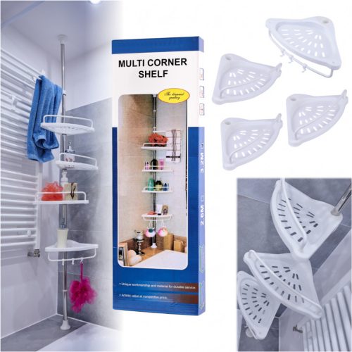 Fürdőszobai sarokpolc a zuhanyzóban teleszkópos 4 polc akasztókkal