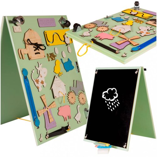 Kétoldalas krétatáblás fa matatófal, farm minta, színes