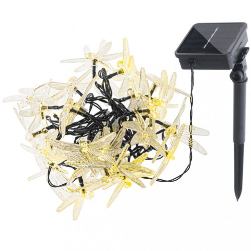 Napelemes szitakötő kerti fényfüzér, 6.5m, 30LED, meleg fehér