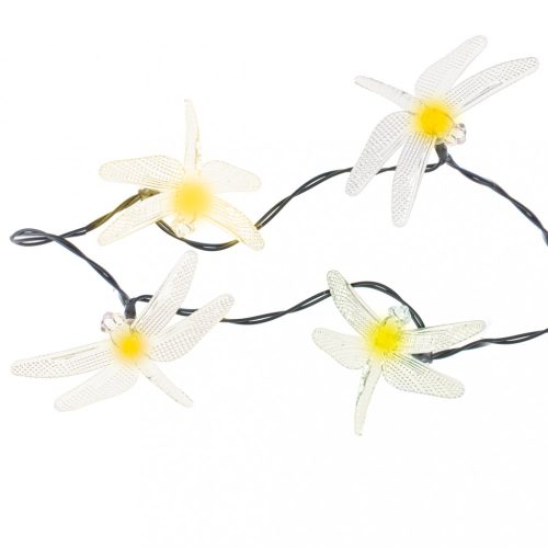 Napelemes szitakötő kerti fényfüzér, 6.5m, 30LED, meleg fehér
