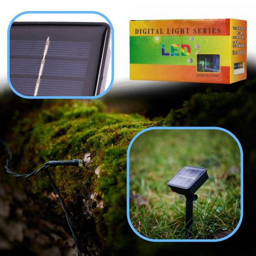 20m-es, 200 LED-es napelemes fényfüzér, többszínű