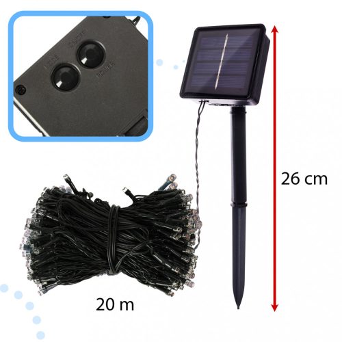 20m-es, 200 LED-es napelemes fényfüzér, többszínű
