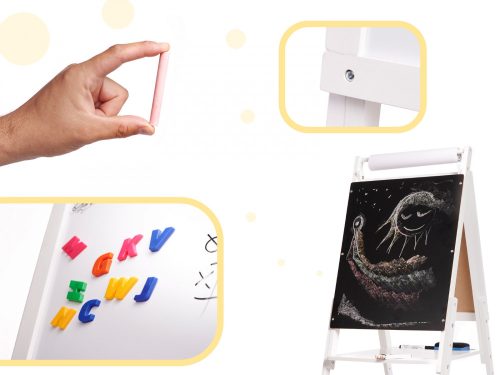 Mágneses kétoldalas fa krétatábla, fehér, 43cm x 32 cm x 115 cm