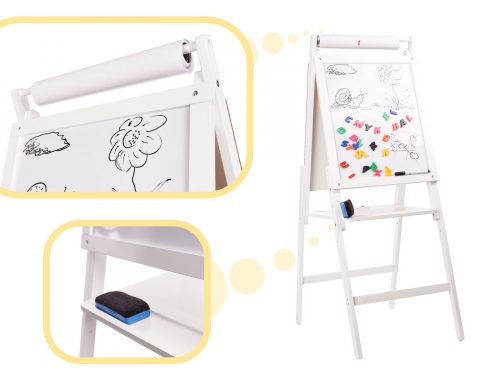 Mágneses kétoldalas fa krétatábla, fehér, 43cm x 32 cm x 115 cm