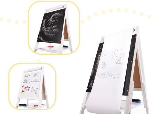 Mágneses kétoldalas fa krétatábla, fehér, 43cm x 32 cm x 115 cm