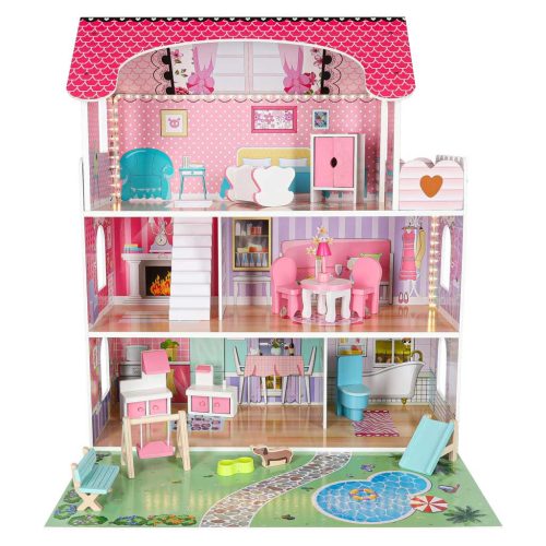 Lulilo Gardeno fa babaház, kerti bútorokkal, 70cm, rózsaszín LED-del