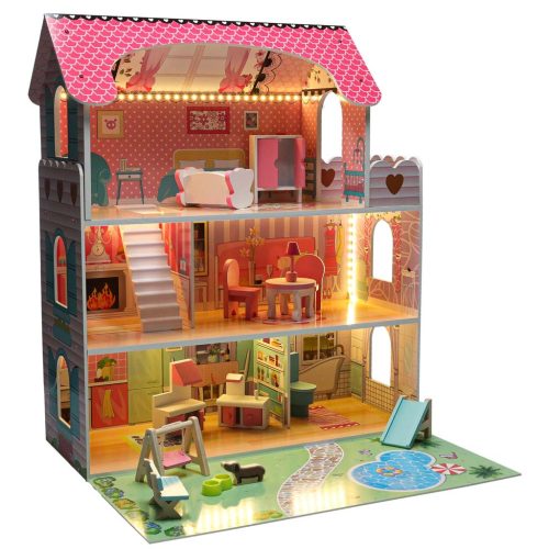 Lulilo Gardeno fa babaház, kerti bútorokkal, 70cm, rózsaszín LED-del