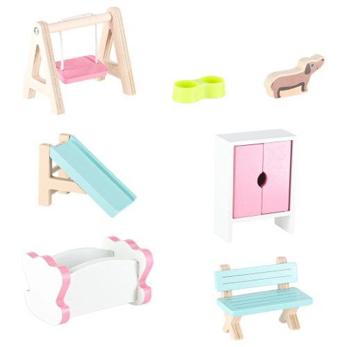 Lulilo Gardeno fa babaház, kerti bútorokkal, 70cm, rózsaszín LED-del